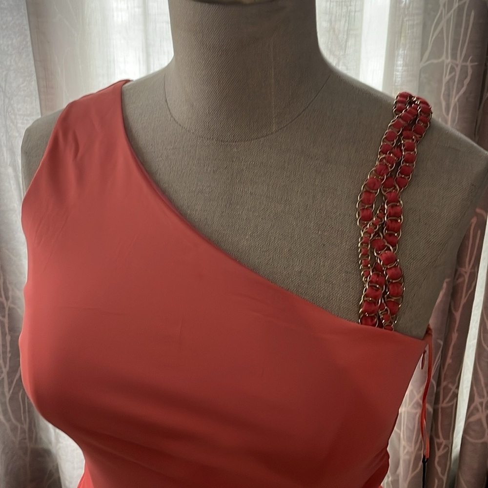 🌺 Blumarine Coral Asymmetrical Bodycon Dress – One-Shoulder Cocktail Glam - Picture 4 of 6